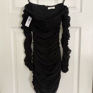 Black Semi Sheer Ruched Dress